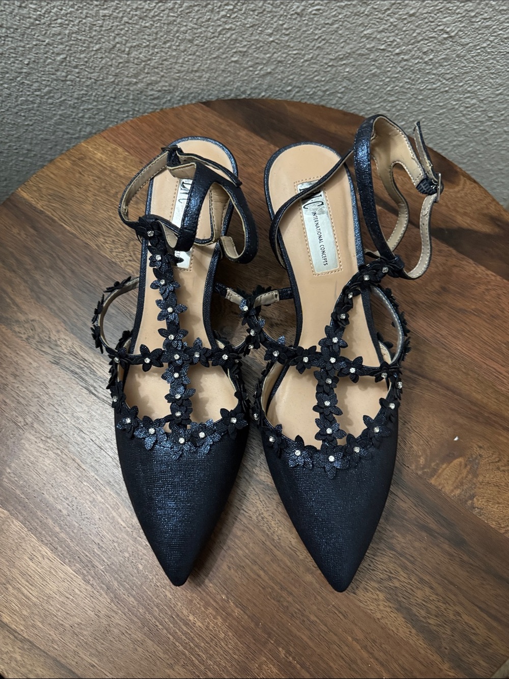 INC International Concepts Black Floral T-Strap Pointed Heels